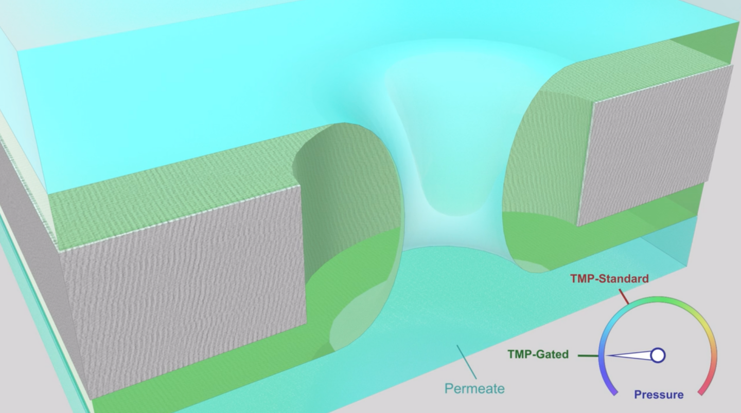 A diagram showing how the liquid-gated membrane works, with the filter material in grey, the water in blue and the liquid coating in green