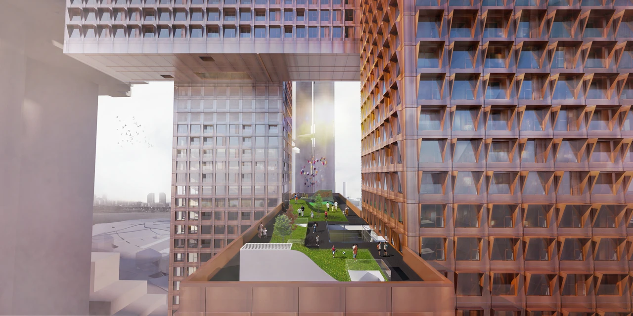 The sheer size of the two connecting bridges allows for outdoor communal areas to be built right on top of them
