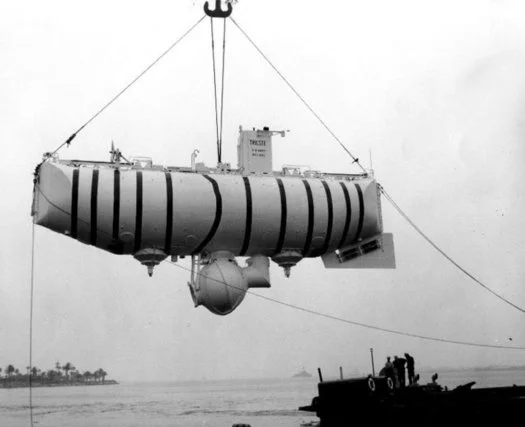 Bathyscaphe Trieste suspended from a crane