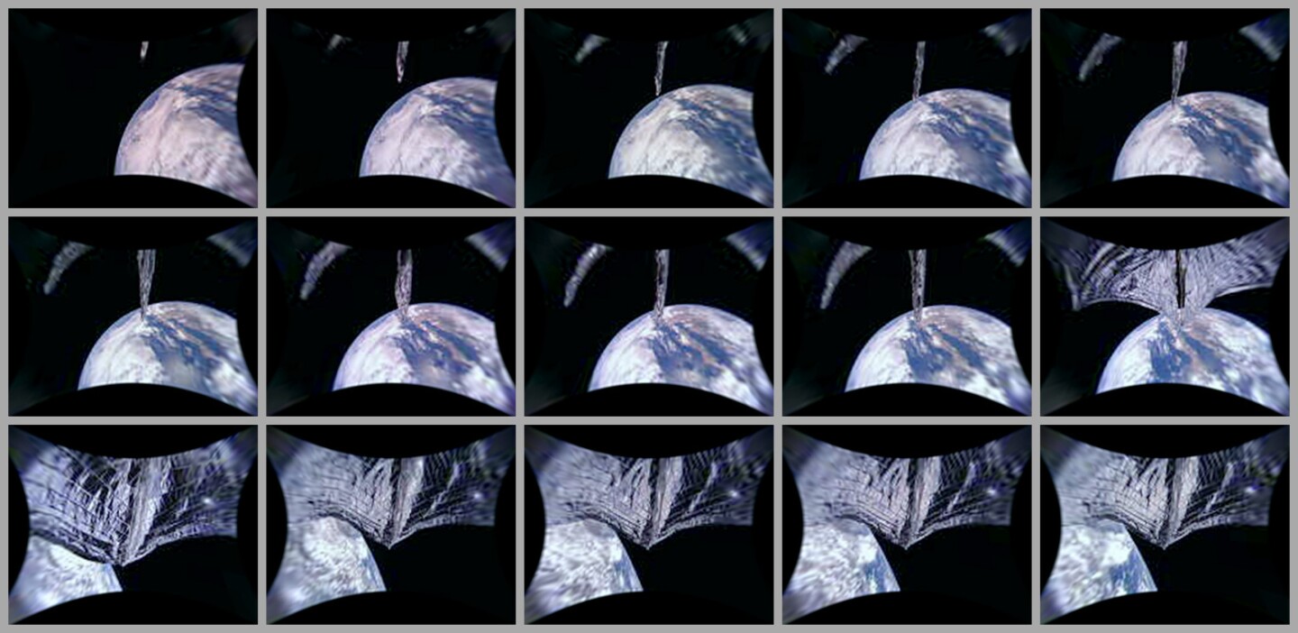 Image sequence depicting the unfurling of LightSail 2's solar sail, with Earth seen in the background