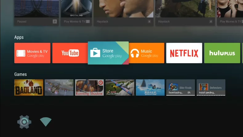 The app and game section of the Nexus Player home screen