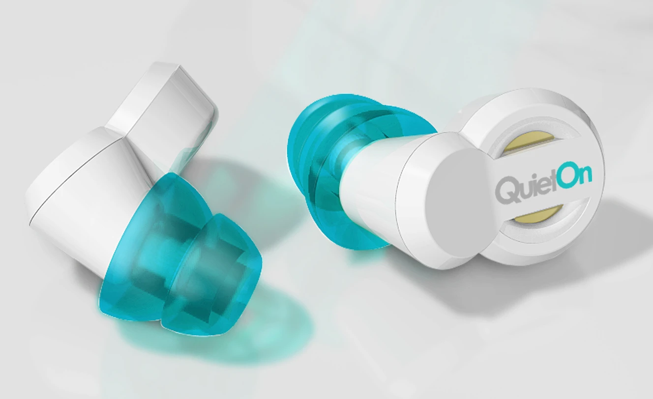 The QuietOn earplugs use microphones to capture external sound and use speakers to produce phase-shifted sound that cancels out the external sound