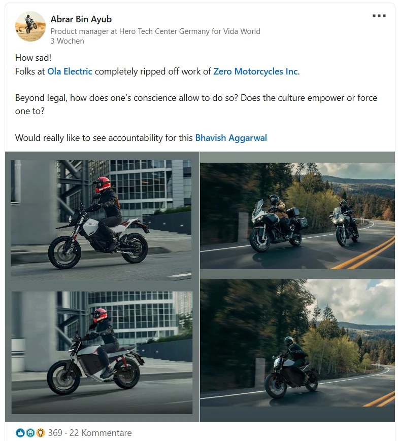 A LinkedIn post condemning Ola's actions
