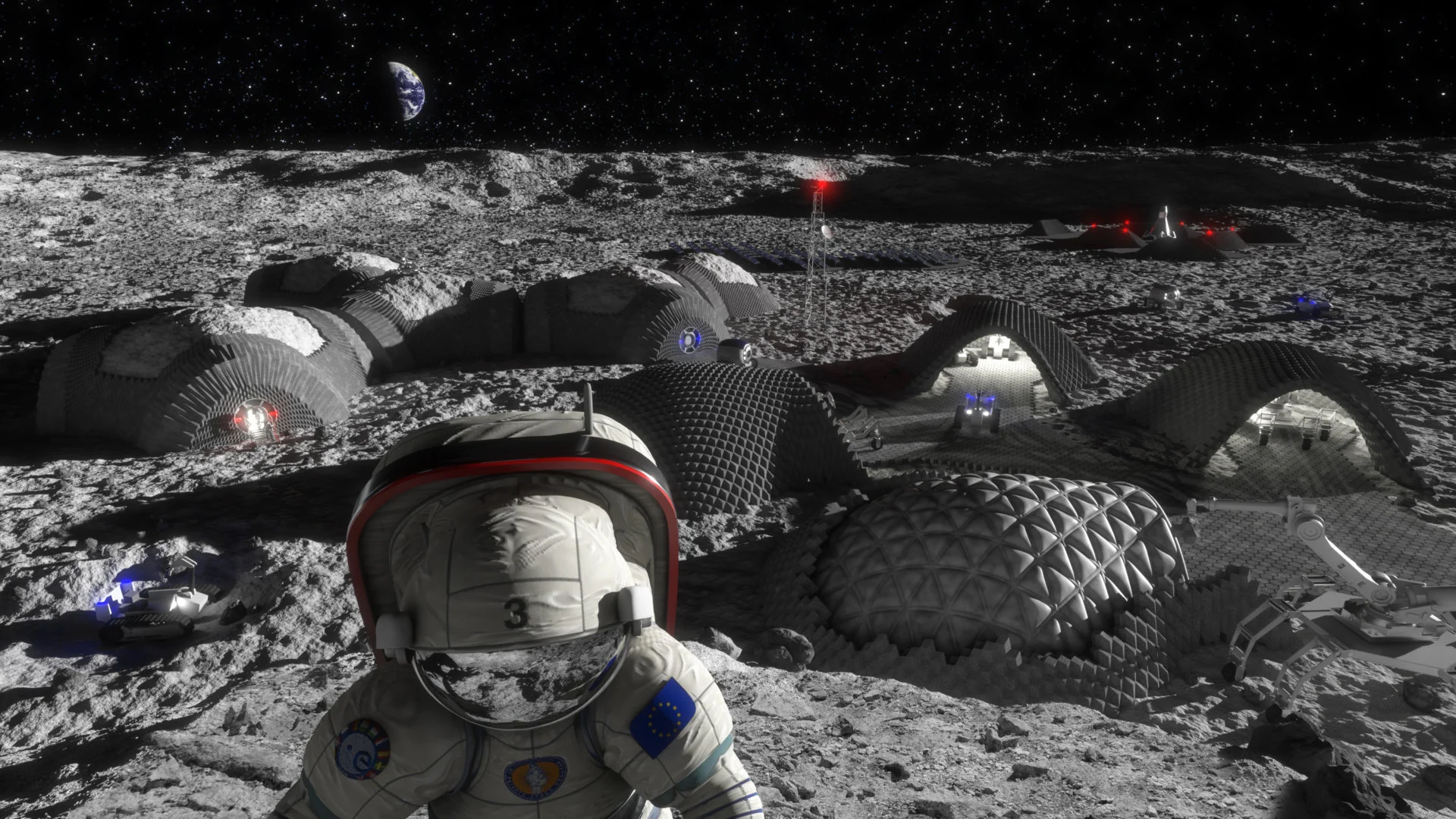 Artist's concept of a future lunar outpost, which could store energy in bricks made from lunar regolith