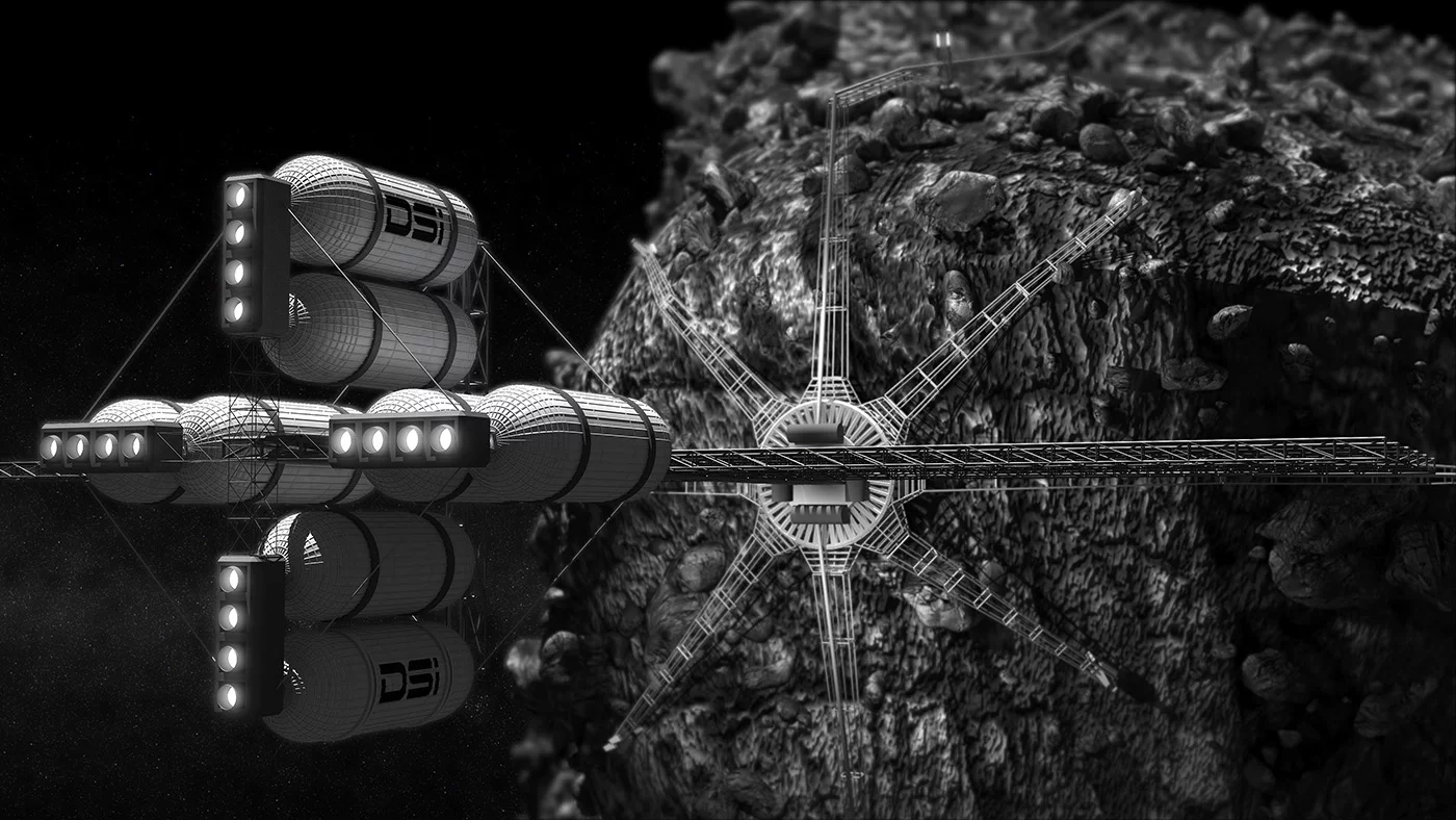 The DSI Harvester is designed to attach to nearby asteroids and subsequently mine and harvest the rocks for select resources (Image: Bryan Versteeg / Spacehabs.com)