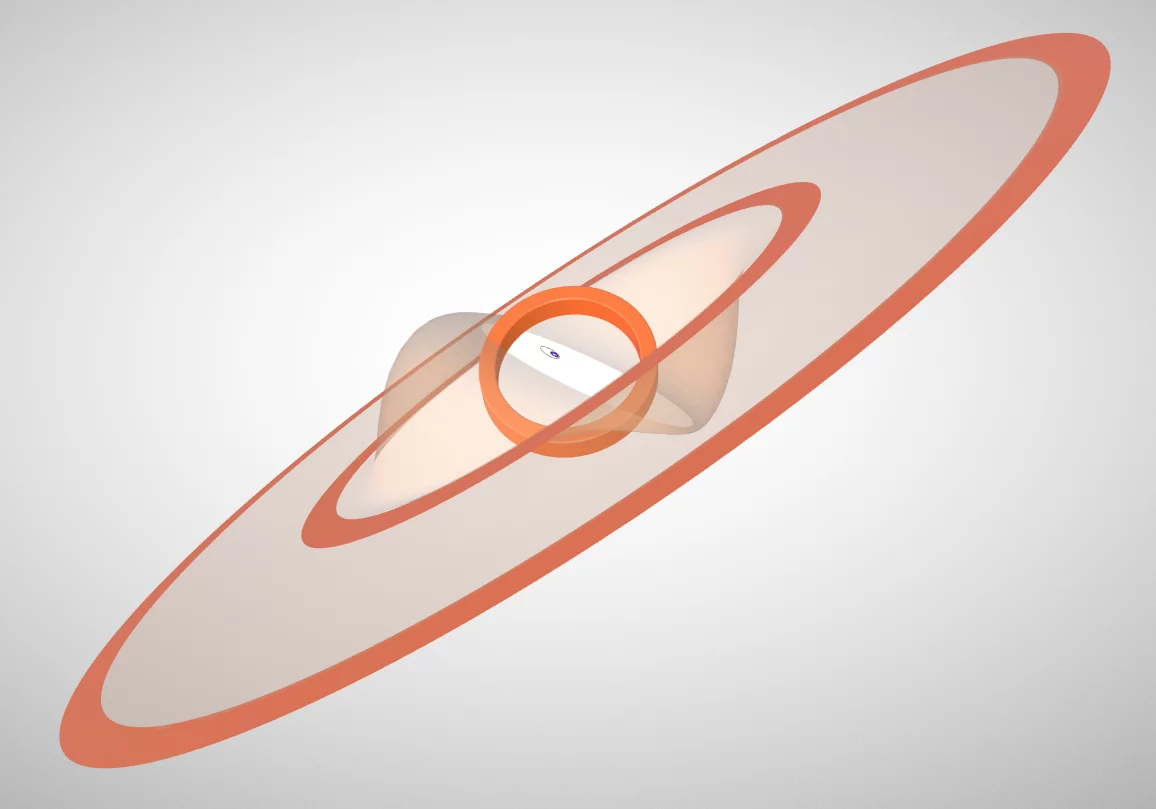 A 3D computer image of GW Orionis, clearly showing the unusual orientations of the three discs