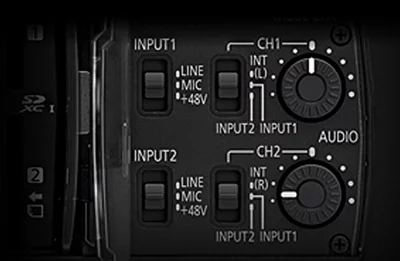 The Panasonic HC-X1000 boasts twin XLR audio jacks with physical controls
