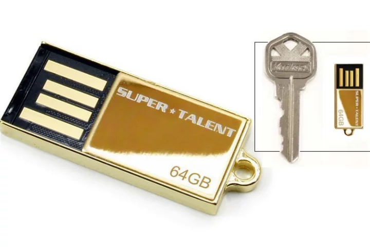 Super Talent's special edition 64GB USB flash drive is available only with 24K gold plating and is claimed to be the world's smallest at this capacity