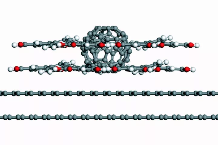 A diagram of the Carbon-60 buckyball guest molecule, with a second layer of host molecules formed around it (Image: Neil Champness)