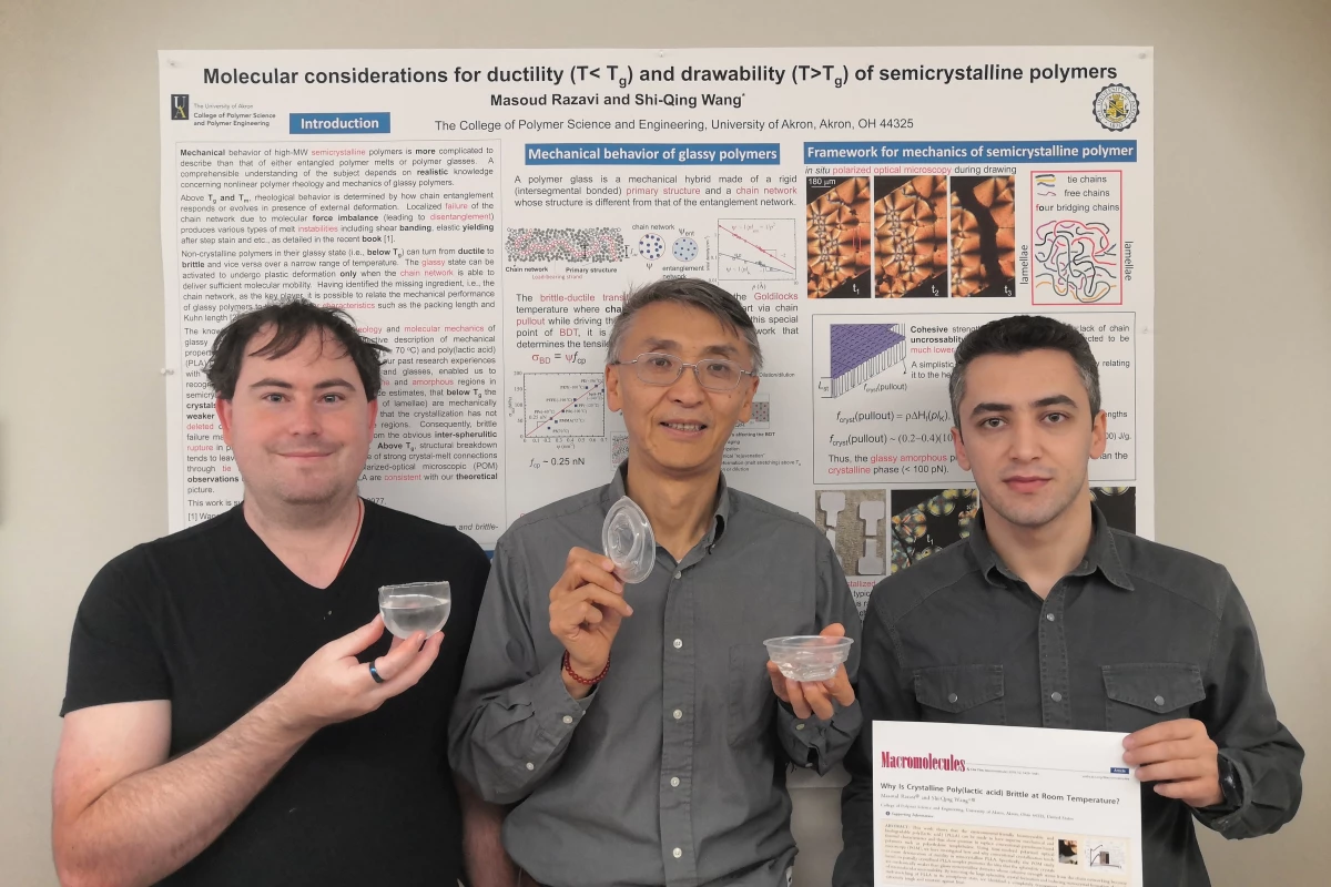 Shi-Qing Wang, Ph.D., (center), polymer science Ph.D. students Travis Smith (left) and Masoud Razavi hold samples of the newly developed PLA plastic