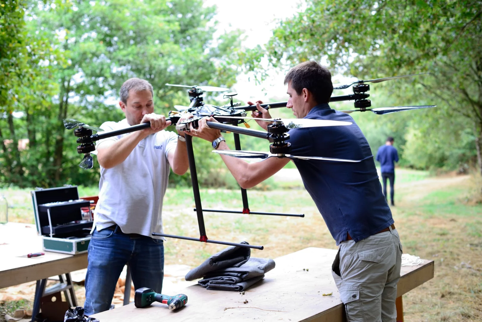 A mud-spraying drone is prepped for work