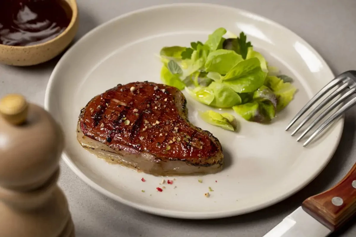 MeaTech 3D's 3.67-oz (104-g) lab-grown steak ... with greens