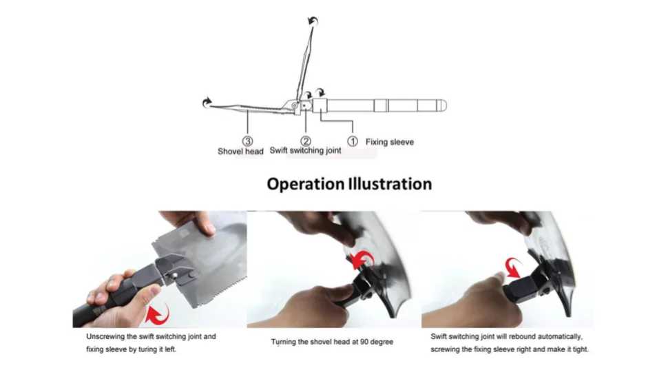 The fast-folding mechanism turns shovel into hoe