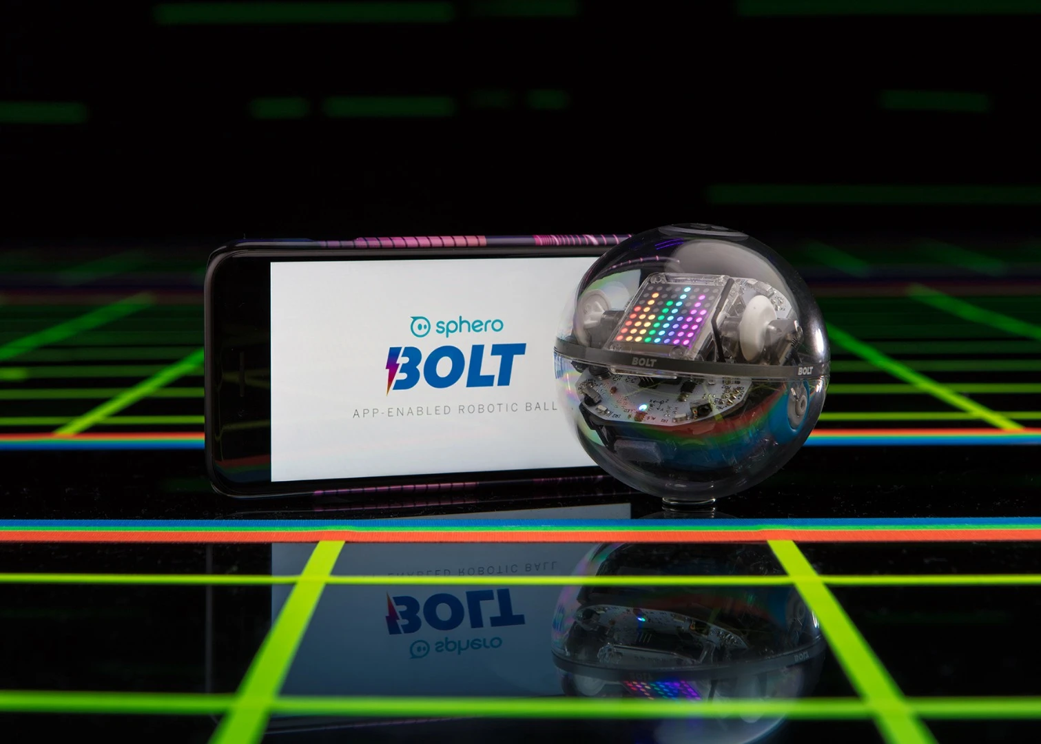 The Sphero Bolt connects to a smartphone via Bluetooth