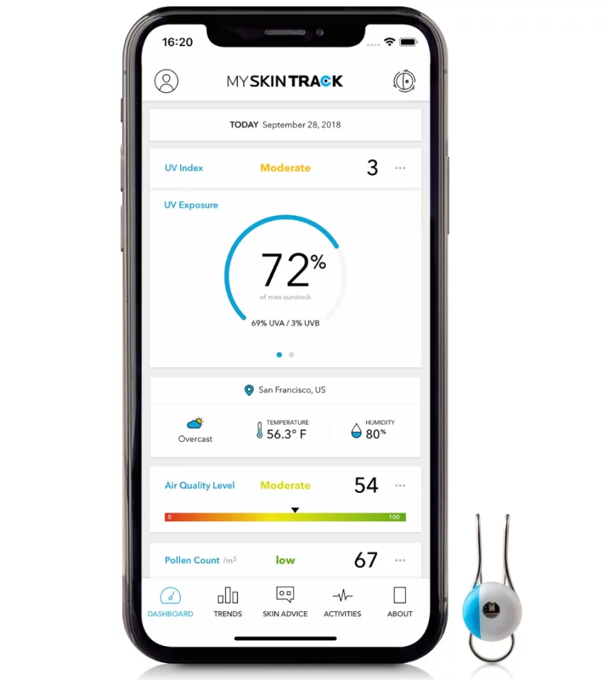 The My Skin Track UV app displays not only UV exposure over a given time period, but also information such as the local UV index, air quality index, pollen levels and humidity