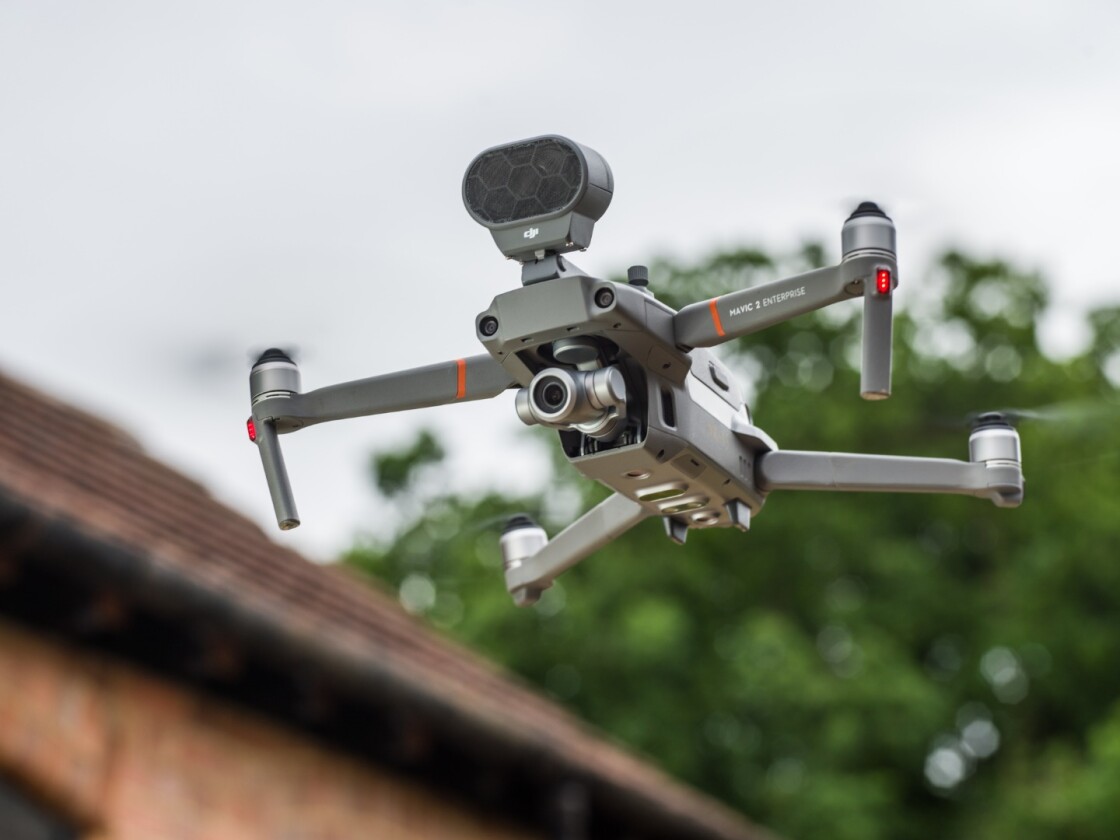 The M2E Speaker mounted to the Mavic 2 Enterprise drone