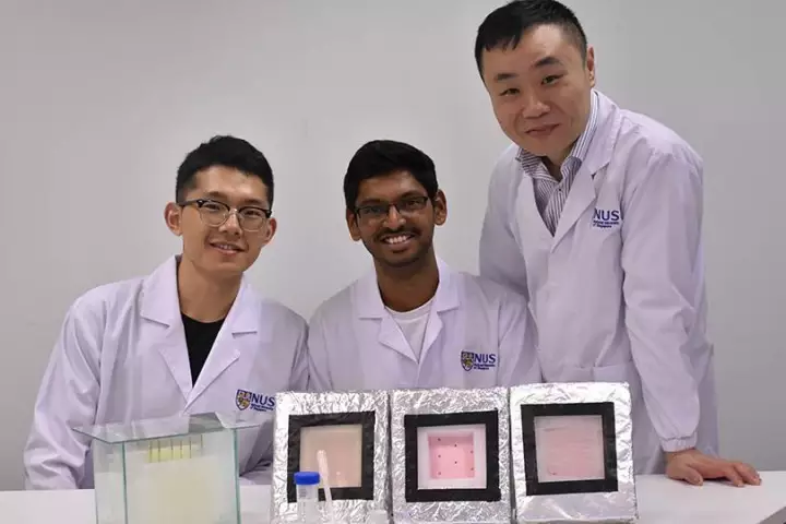 The research team (led by Tan Swee Ching, at right) with samples of the hydrogel
