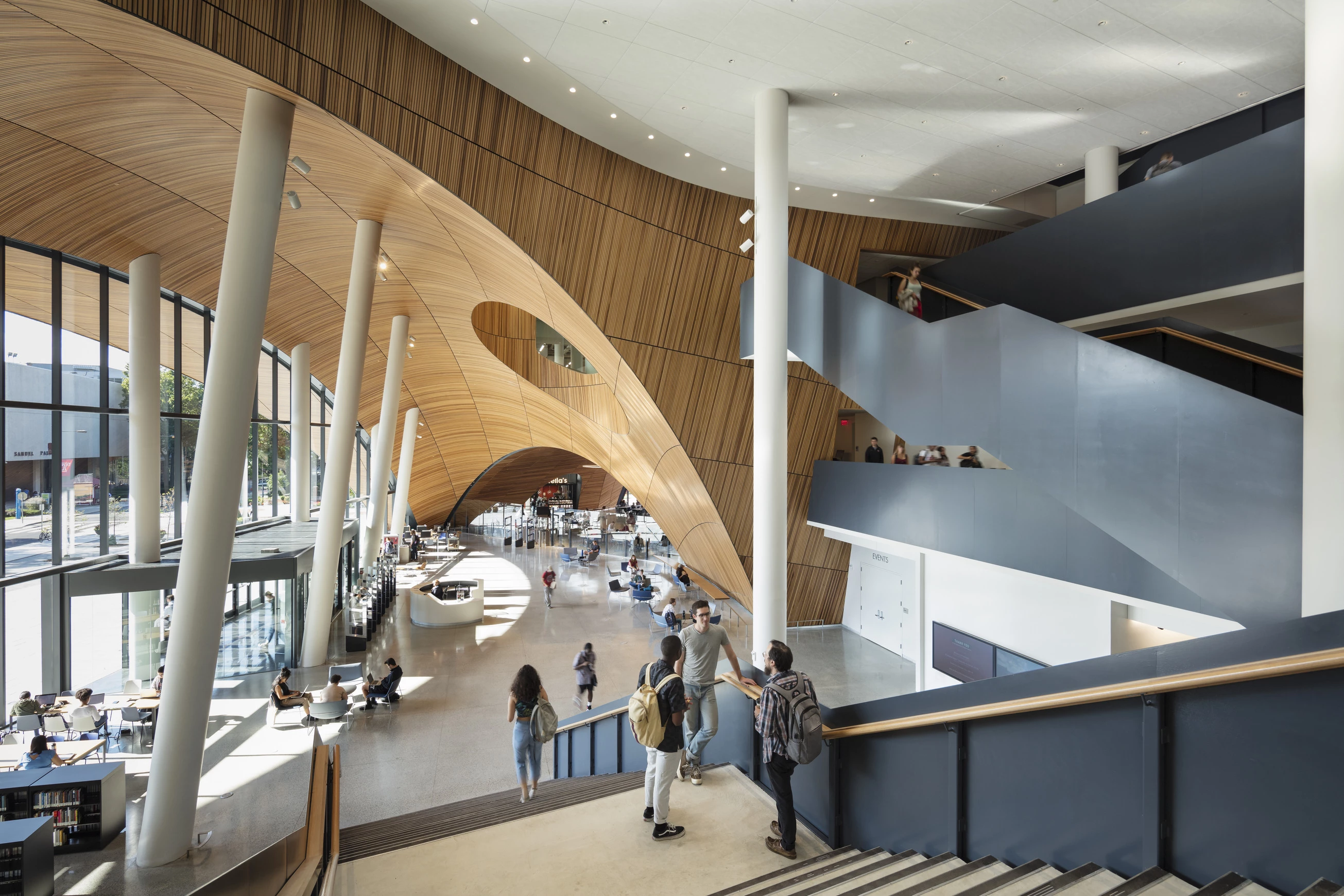 The Charles Library at Temple University features a large atrium at its center
