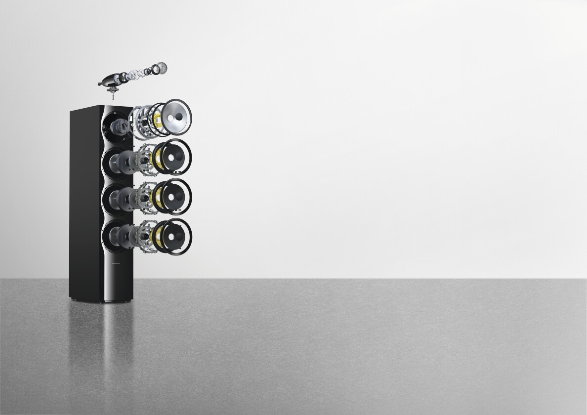 Exploded view of a 700 Series 702 S2 floorstanding loudspeaker