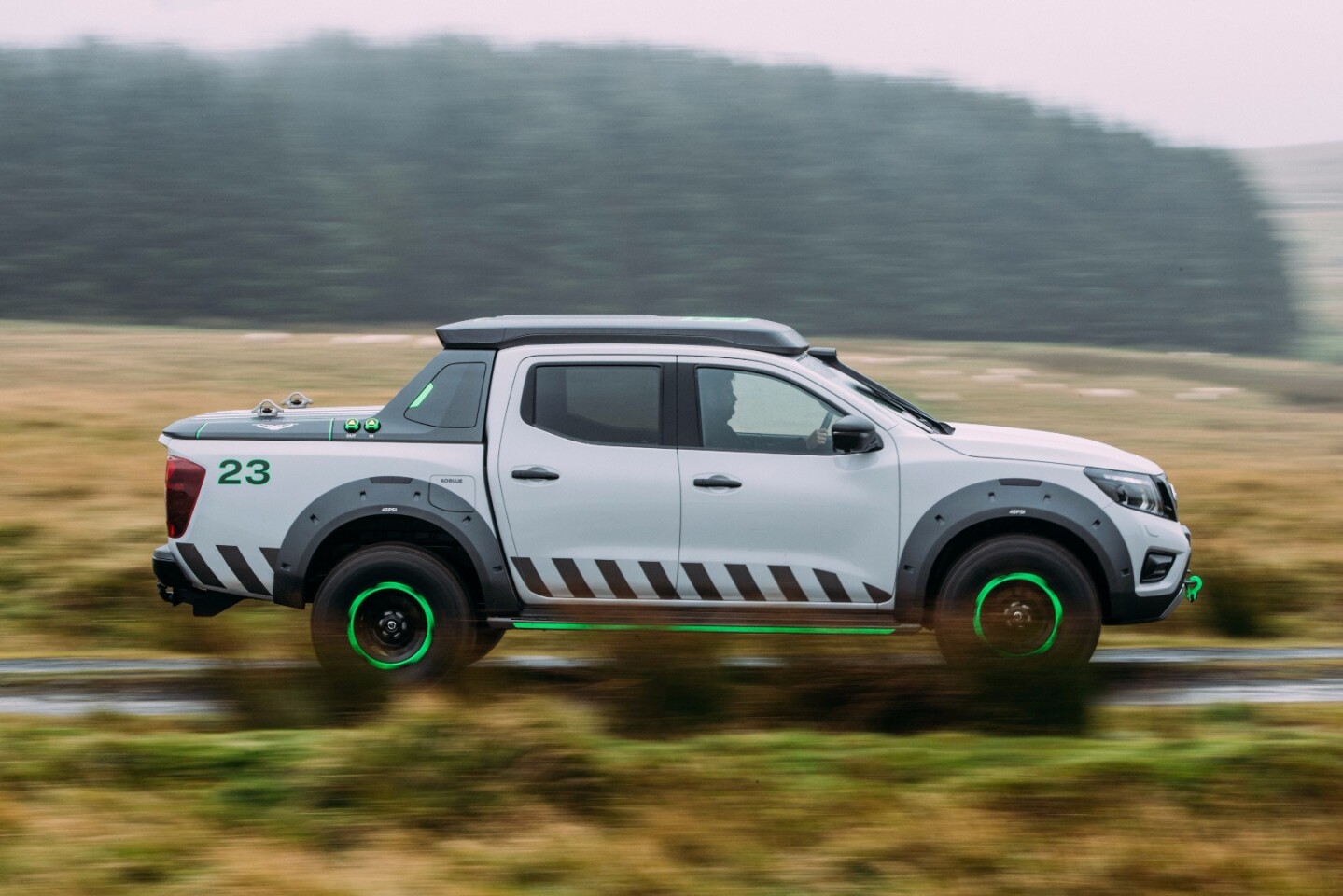 Nissan chose the fluorescent green highlights to increase the truck's overall visibility in day and night