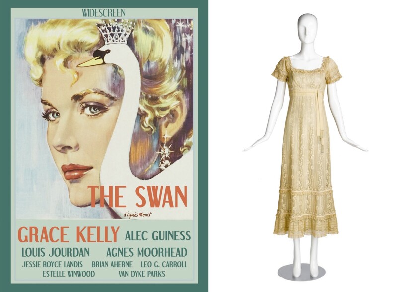 Lot 196 at Bonhams and TCM "Treasures from the Dream Factory Auction, 23 November, 2015, (an empire style off-white lace dress with a pale blue crepe lining, ruffled lace and floral braid trim with imitation pearls at the neckline, sleeves and hem, and a velvet sash with imitation pearl fringe) is very famous, as the film served for many as the defacto coverage of the wedding. This dress was worn in the film when Princess Alexandra (Kelly) first meets Prince Albert (Alec Guinness), pictured above with an MGM publicity picture of the movie star who became a princess in real life.