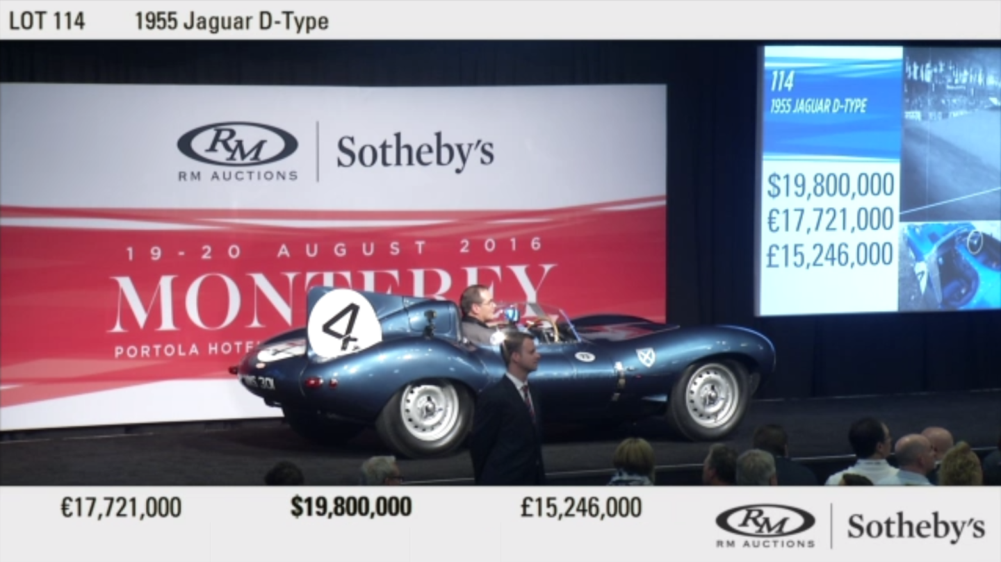 The world record price for a Jaguar D-Type was set in August 2016 in Monterey, with the final price being $21,780,000.