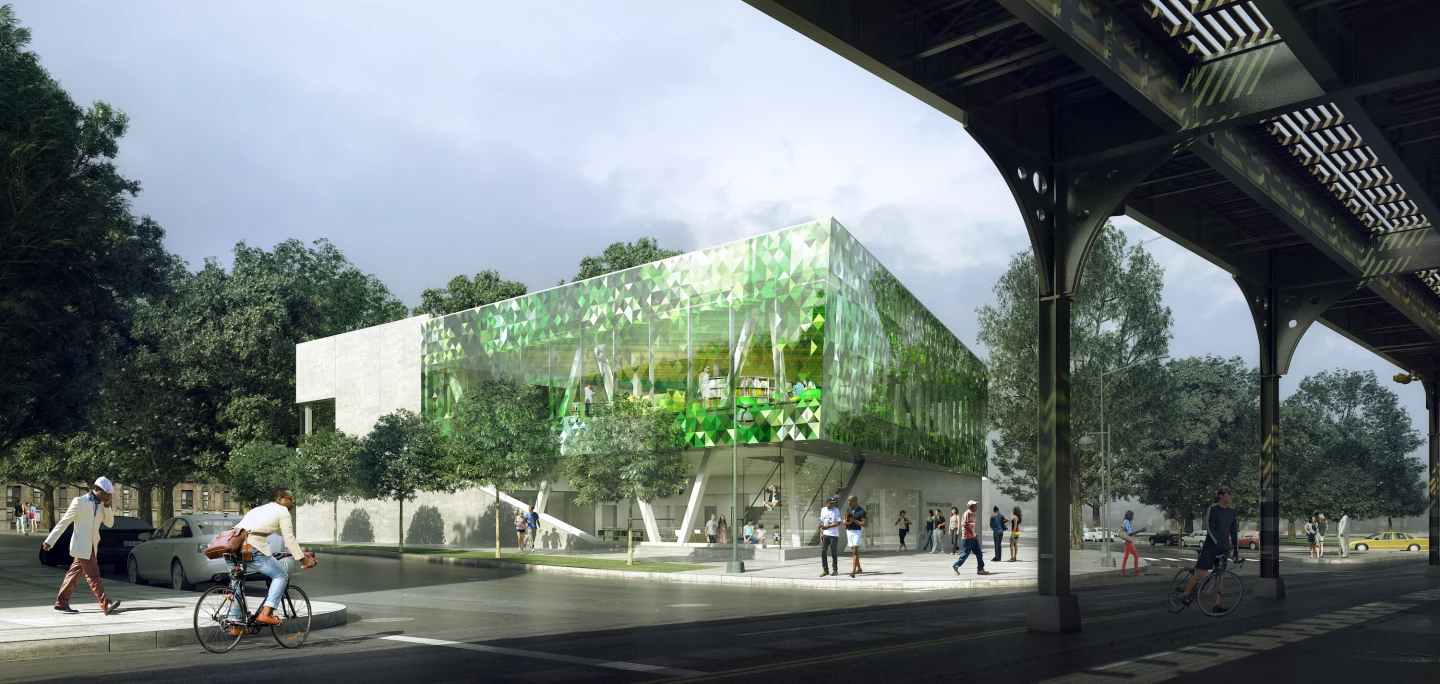 The Westchester Square Library's upper floor will be finished in fritted glass that depicts abstract views of trees and allows daylight to pleasantly permeate within