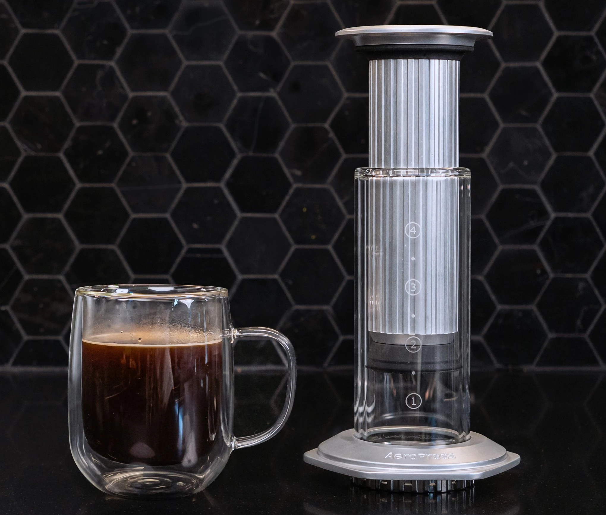 The Aeropress Premium is a natural for use with clear glass coffee cups