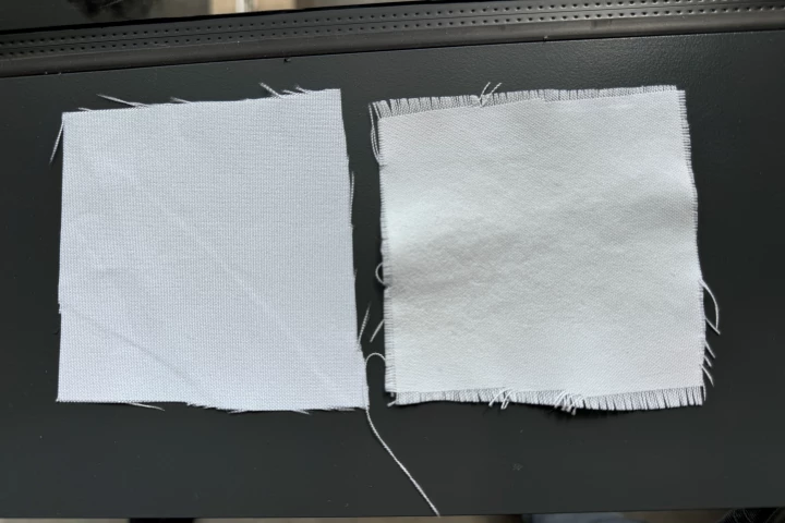 A sample of chalk-treated synthetic fabric (right) alongside an untreated control sample