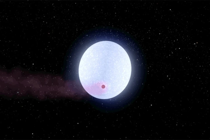 KELT-9b, seen as the pink dot passing in front of its blue Type-A host star, is the hottest exoplanet ever discovered
