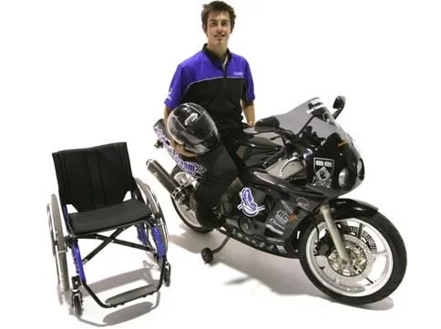 Darren Lomman aboard his prototype Dreamfit motorcycle for paraplegics.