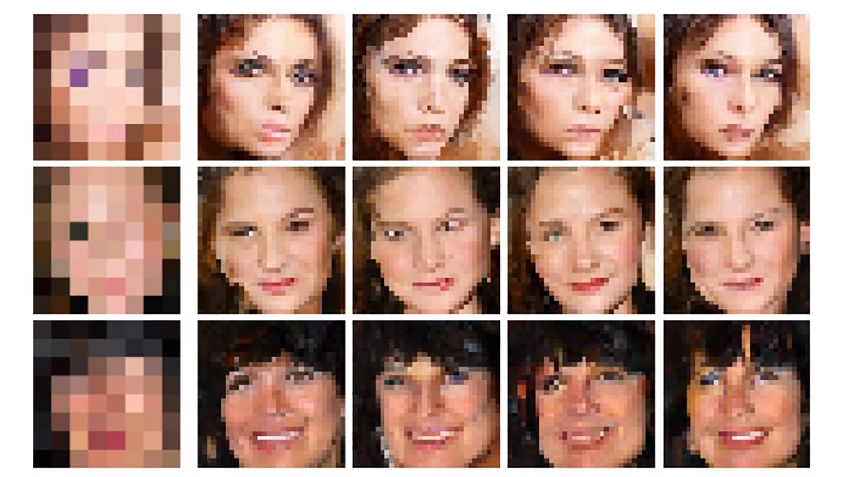 From the 8x8 picture on the left, the Google Brain team's algorithm generated the next four 32x32 photos as possible options.