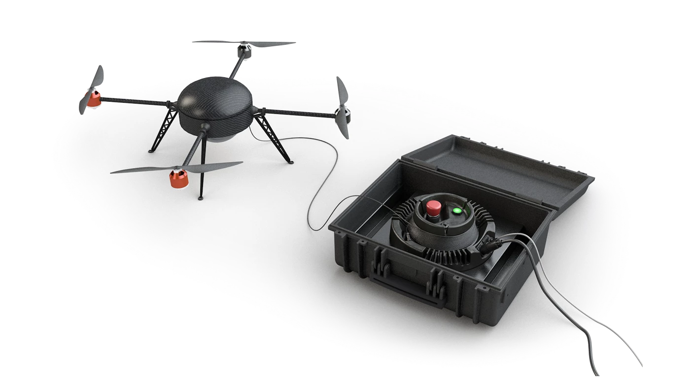 Elistair's ground stations hook up to multicopters to provide them with data transfer and continuous power