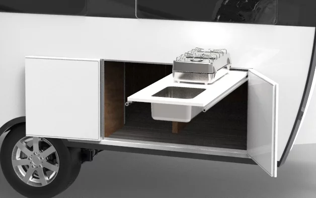 The hypothetical Travelino occupant can cook indoors or out