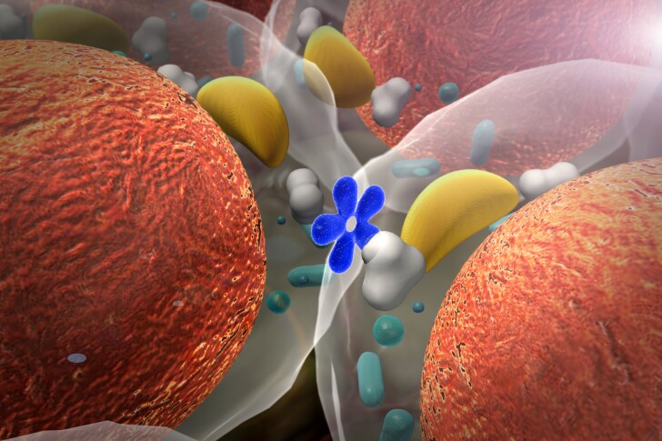 Artist's impression of insulin interacting with the surface of cells
