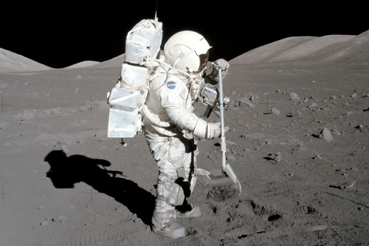 Astronaut Harrison Schmitt collects lunar samples during the Apollo 17 mission