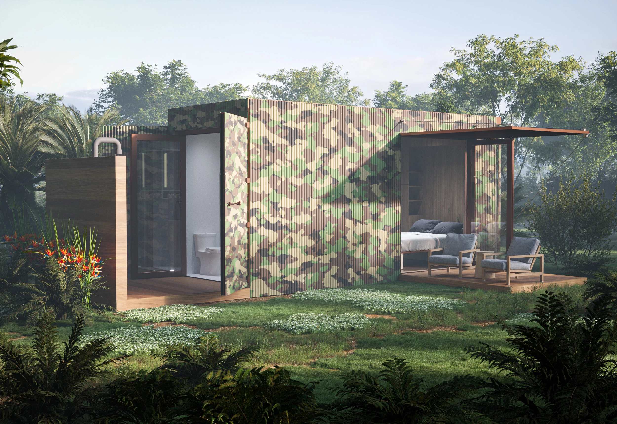 Buhaus is a 160 square feet (14.86 sqm) unit built from an 8 x 20 ft (2.45 x 6.1 meter) shipping container