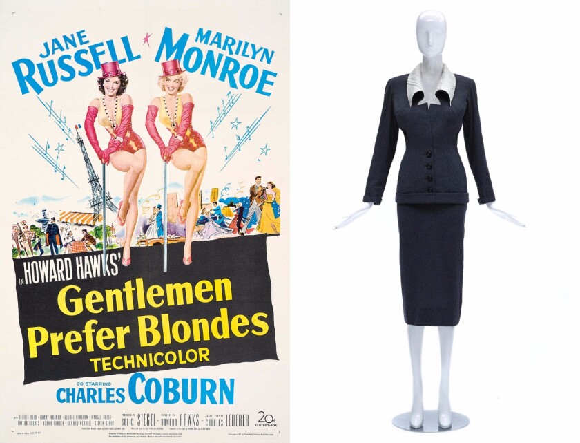 This grey wool jacket and skirt (Lot 207) is worn by Marilyn Monroe in many scenes in 'Gentlemen Prefer Blondes' which catapulted Monroe to superstardom, including a duet with co-star Jane Russell when the pair sing 'When Love Goes Wrong'.