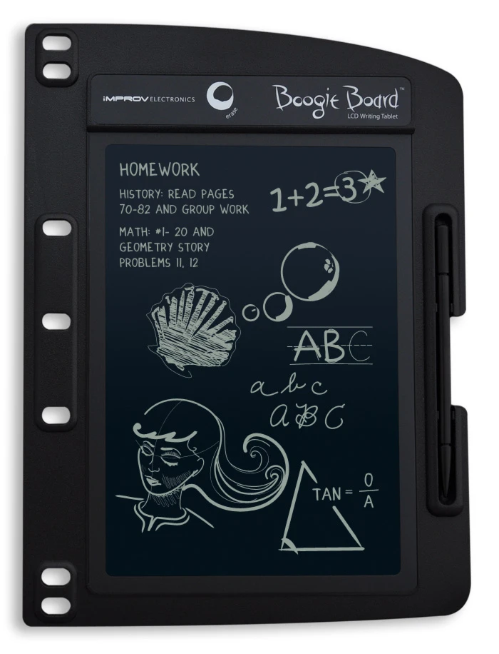 The new Boogie Board for Binders - with an 8.5-inch display contained in a special casing that fits into 2, 3 or 4 clip binders
