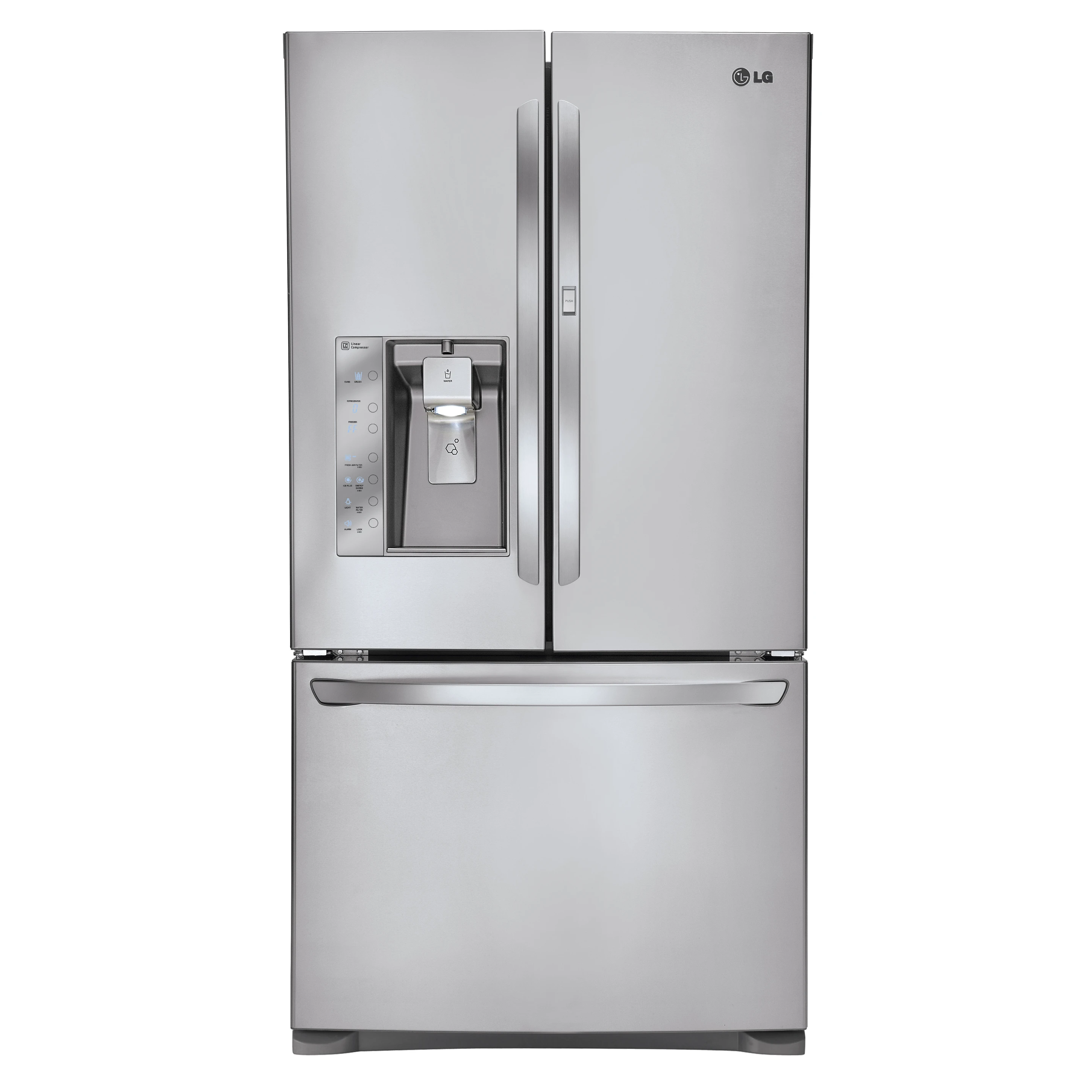 LG's new Door-in-Door French door super capacity fridge features stainless steel finish, hidden hinges, and LCD LED touch panel display