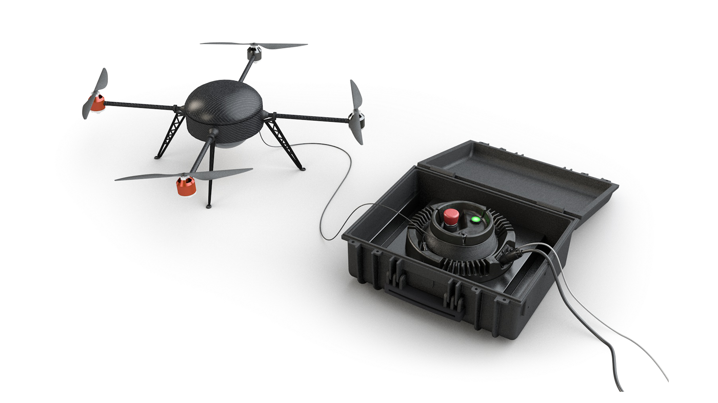 Elistair's ground stations hook up to multicopters to provide them with data transfer and continuous power