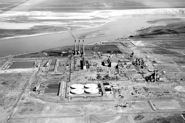 The Hanford D and DR Reactors circa 1955, next to the Columbia River