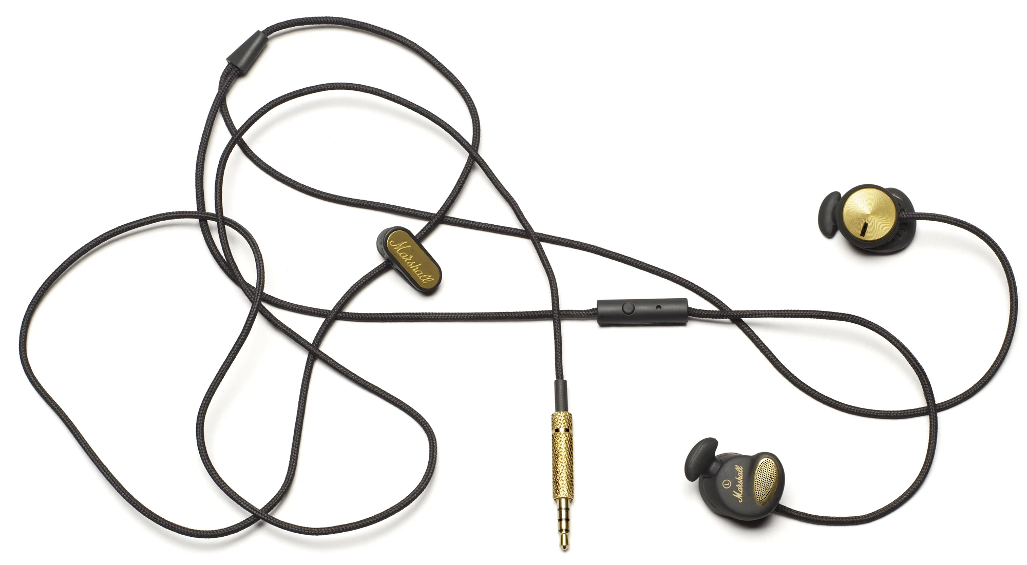 The Marshall Minor earphones have a microphone and remote for use with mobile phones and a tangle-resistant fabric cord