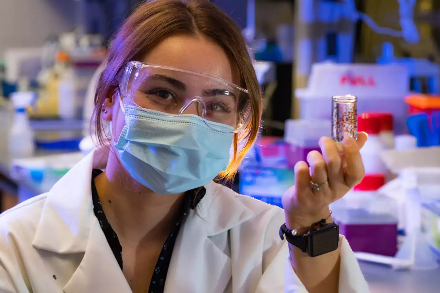 Co-lead author Samira Aghlara-Fotovat, with a vial of the stem cell capsules