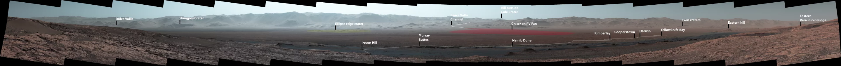 An annotated version of the panorama, highlighting the route the Curiosity rover has taken since its landing and the landmarks it's investigated along the way