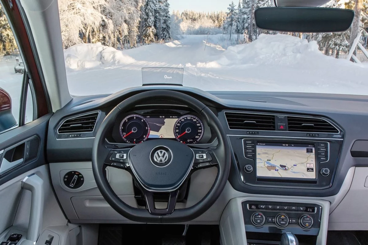 A wintery view out the windshield of a Tiguan