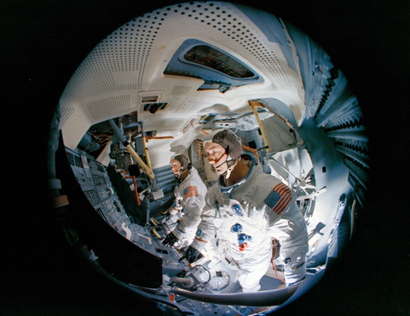 Fish-eye camera lens view of the interior of the Apollo Lunar Module Mission Simulator at the Kennedy Space Center