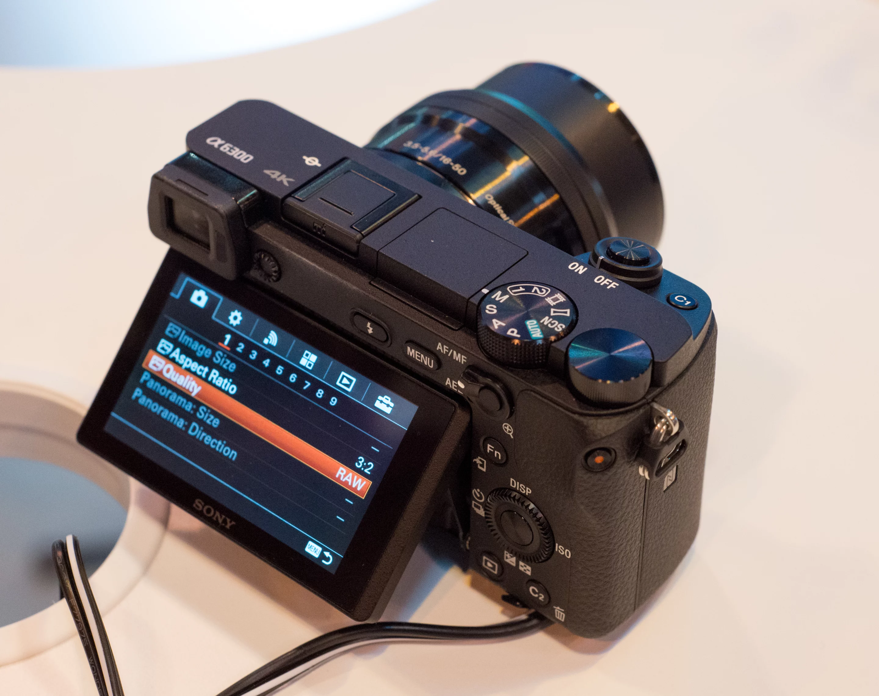 The rear monitor on the Sony A6300 can be angled up 90 degrees or down 45 degrees