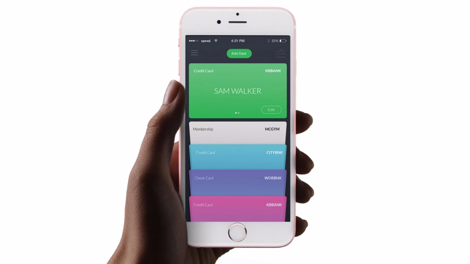 The app syncs card data with the Spendwallet via Bluetooth Low Energy