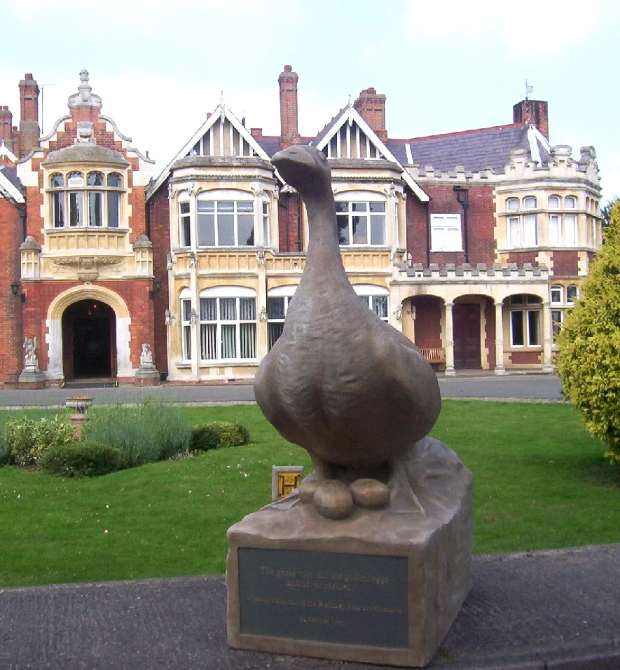 A statue on display at Bletchley Park to celebrate Winston Churchill's famous reference to the Bletchley Park codebreakers as his 'geese that laid the golden eggs but never cackled' (source: BP)